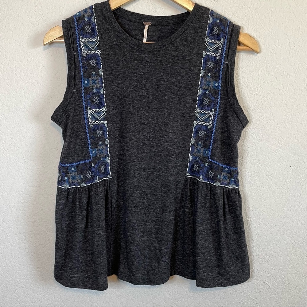 Free People Marcy Tank Charcoal Gray Blue Embroidered Details Boho Shirt Sz SM - Picture 2 of 15